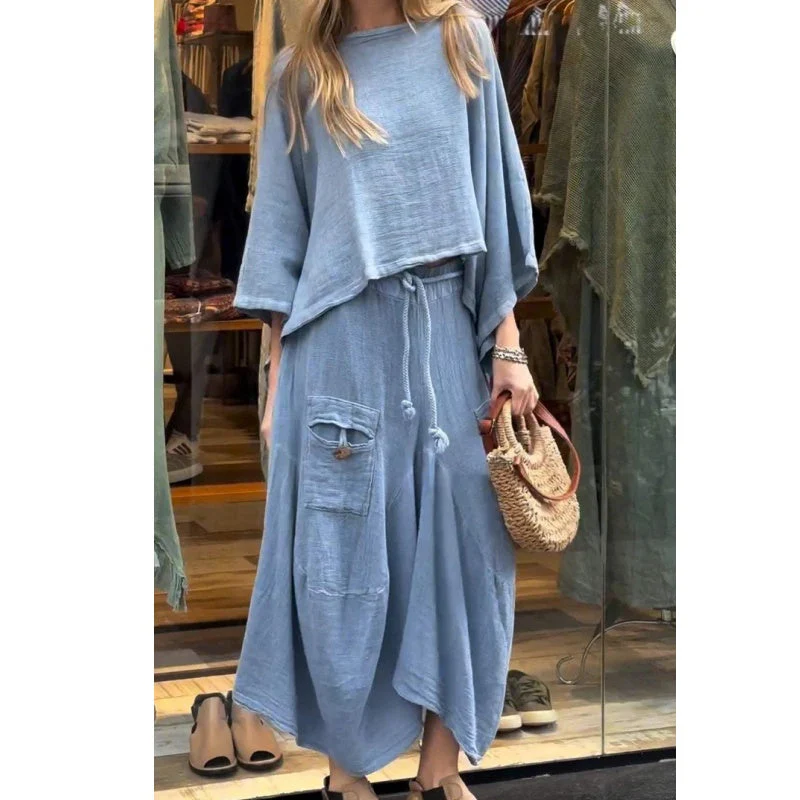 Lässiger 2-teiliger Anzug aus Oberteil mit Rundhalsausschnitt und locker sitzendem Rock für Damen - Image 4