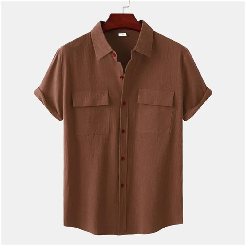 Camicia a maniche corte da uomo in cotone e lino tinta unita - Image 8